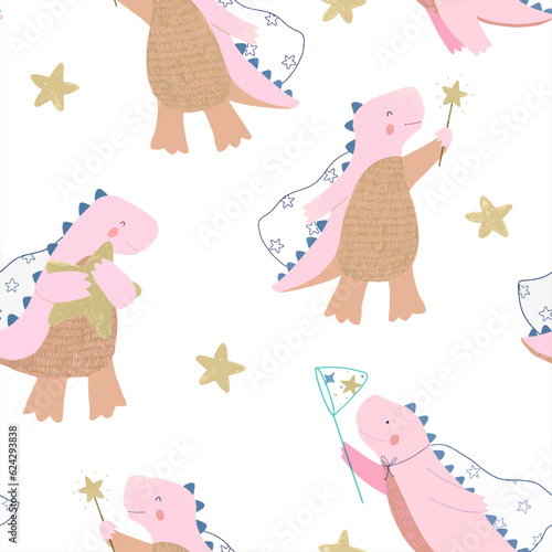 Beautiful vector kids seamless pattern with hand drawn cute dinosaurs and stars. Stock illustration.