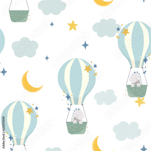 Beautiful vector kids seamless pattern with hand drawn cute dinosaurs flying on air balloons with stars and clouds. Stock illustration. photo