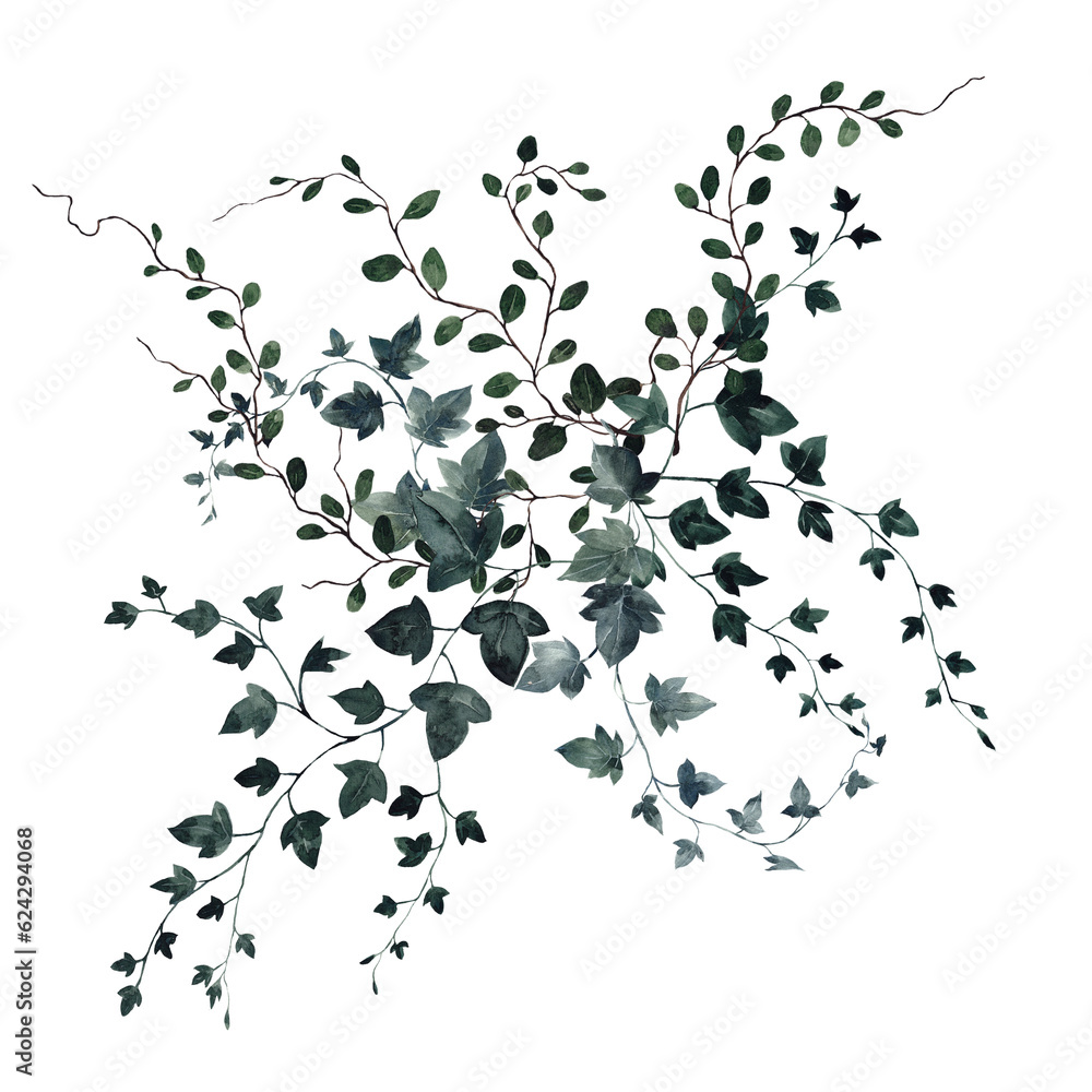 Watercolor bouquet with garde rose, white flowers and greenery branch, leaves isolated on white background Watercolor bouquet with garde rose, white flowers and greenery branch, leaves isolated on white background