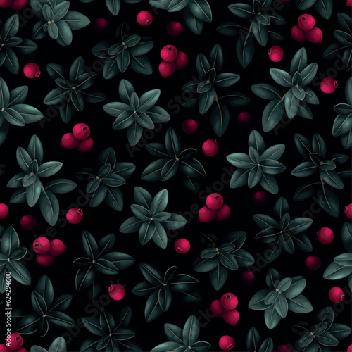 Vector seamless pattern with cranberry and leaves