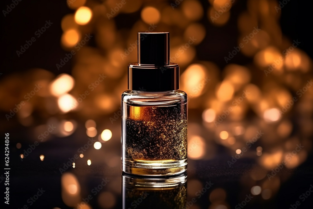 bottle of perfume on bokeh background, AI generated. bottle of perfume on bokeh background, AI generated.