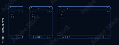 Dark mode email interface. Outline mail window template for mobile phone, tablet and computer. Internet new message frame, blank email. Modern line style vector illustration