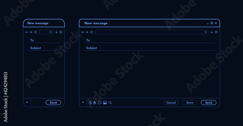 Dark mode email interface. Outline mail window template for mobile phone and computer. Internet new message frame, blank email. Modern line style vector illustration