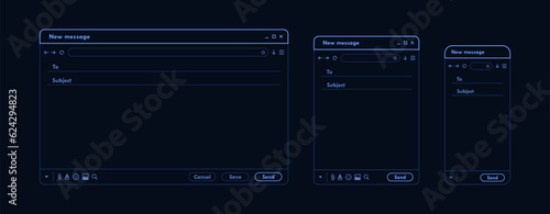 Dark mode email interface. Outline mail window template for mobile phone, tablet and computer. Internet new message frame, blank email. Modern line style vector illustration