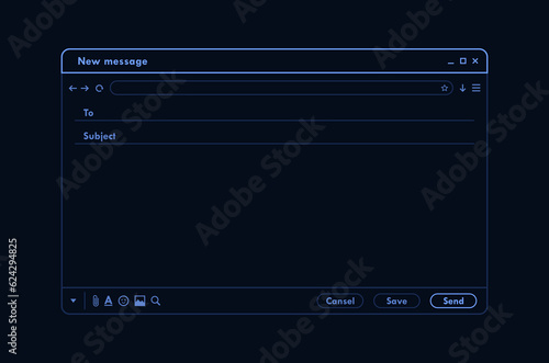 Dark mode email interface. Outline mail window template for mobile and web. Internet new message frame, blank email. Modern line style vector illustration