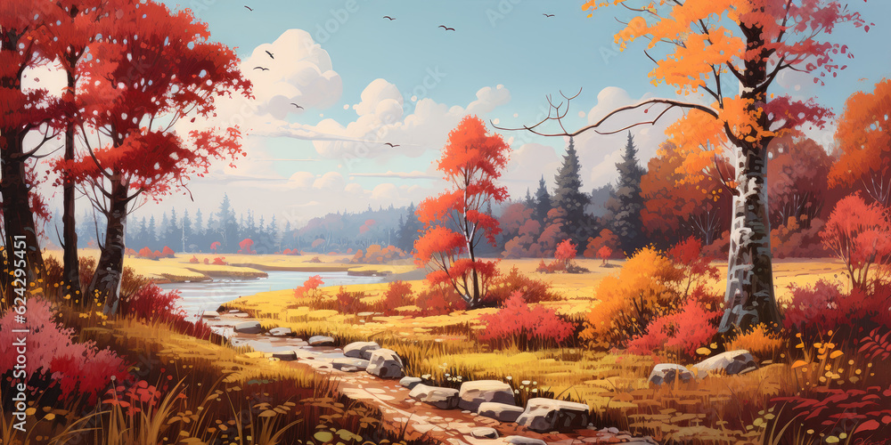 Autumn forest landscape view. Generative AI