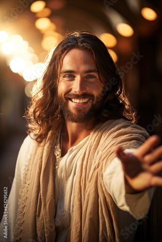 Fotografie, Obraz Jesus Christ smiling and reaching out defeating the enemy and calling the sinner