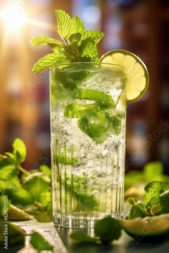 Photo of a refreshing mojito cocktail with lime and mint garnish .generative ai