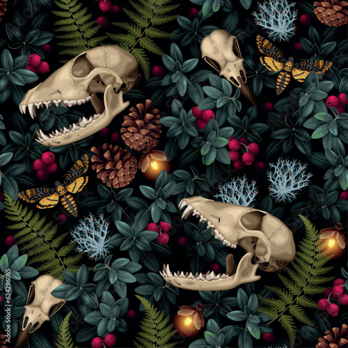 Animal skulls and forest flora seamless pattern