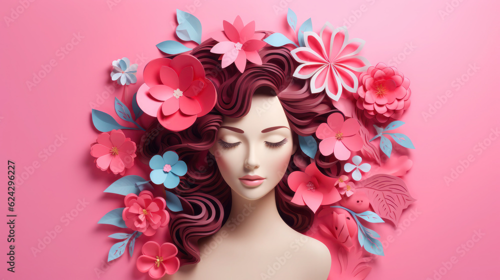 Colorful paper cut of woman and flowers with leaves on pink pastel background with copy space. Generative AI