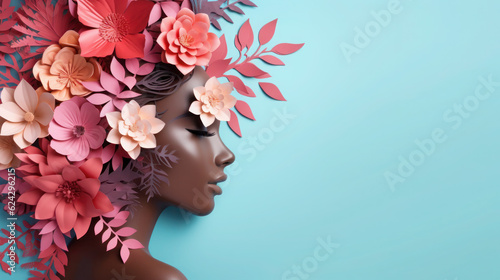 Colorful paper cut of woman and flowers with leaves on pink pastel background with copy space. Generative AI