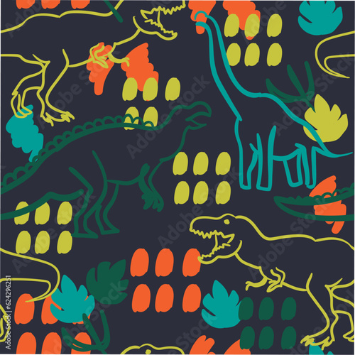 Seamless abstract pattern with silhouettes of dinosaurs. Children's pattern for textiles, fabrics, clothes, wrapping paper, wallpaper, bed linen, web, for boys.