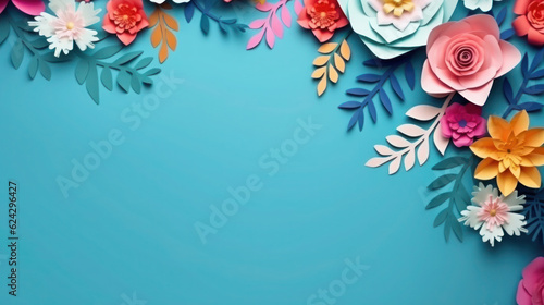 Colorful paper cut flowers with green leaves on blue background with copy space. Generative AI