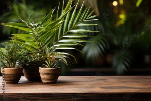 Photo of three potted plants on a wooden table .generative ai © Superhero Woozie