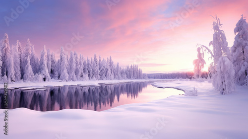 winter landscape with sunset over a river, snow covered trees