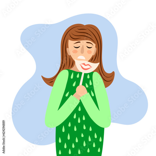 Sad woman pretend to be cheerful, hiding real feelings. Human with emotion mask. Social norm and pressure. Mental health and psychological problem. Cartoon flat vector illustration.