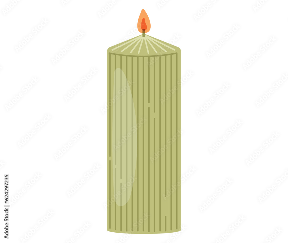 Vector isolated green decorative interior flat candle with flame.