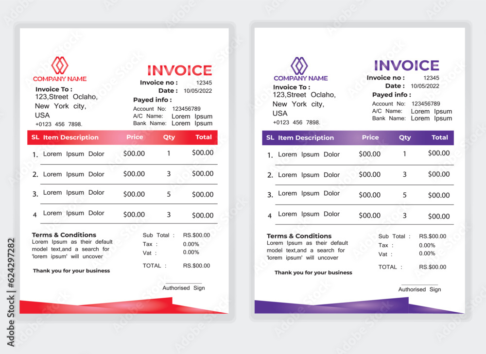 Business Minimal Corporate Invoice design template vector illustration bill form price . Creative template and stationery design payment agreement design template Cash Memo, Vector Quotation Design	