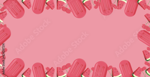 banner with a pink background and with a frame of ice cream, watermelons and cherries. frame of fruits and ice on a stick.