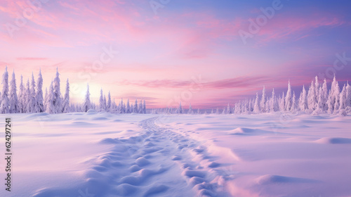 beautiful winter landscape with sunset in the snowy mountains, trees covered with snow