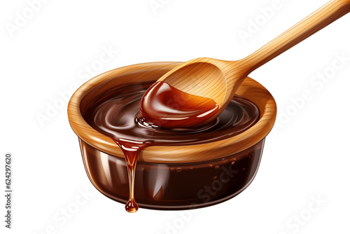 Melted Chocolate Sauce with Wooden Spoon on Transparent Background. Generative AI