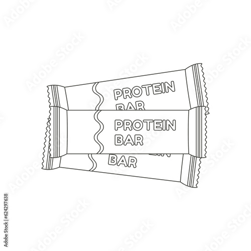 Protein bars. Various Sport equipment. Fitness inventory, gym accessories. Workout stuff bundle. Line art.
