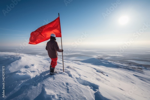 Back view of a man on top of a snowy mountain on a sunny day, raising a red flag. Creative concept of leadership, conquering peaks, professional achievements. Generative AI photo imitation. © SnowElf