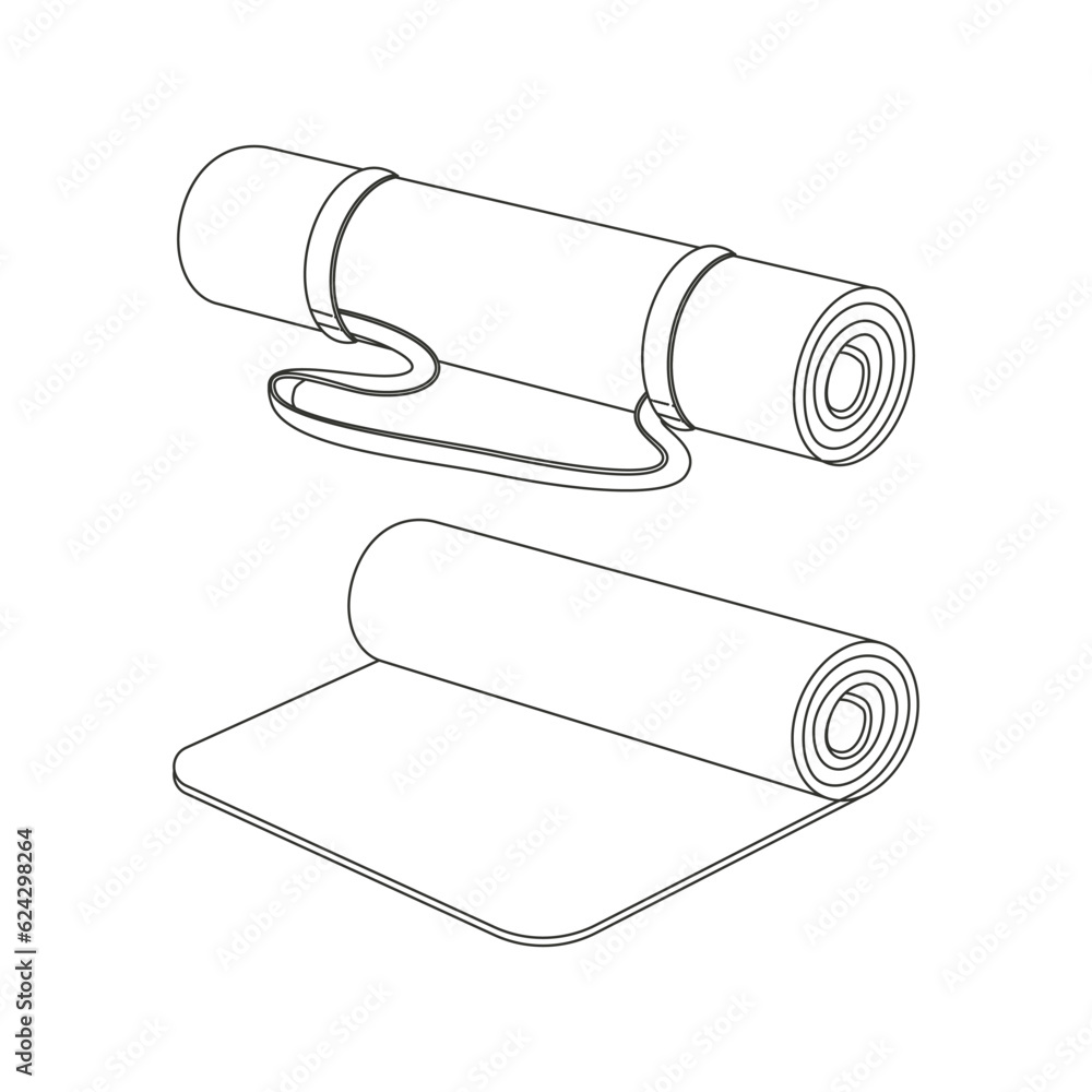 A mat. Various Sport equipment. Fitness inventory, gym accessories. Workout stuff bundle. Line art.