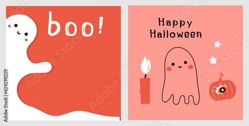 Halloween icon set with candle, cute ghost, pumpkin and hand drawn font on pink background. Cute ghost on red background. 
