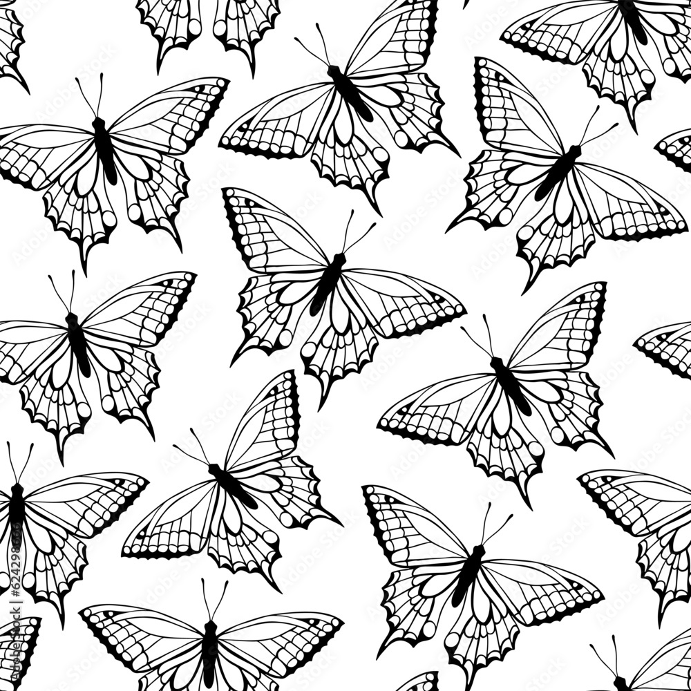 Seamless pattern with sketch butterflies. Design for paper, textile and decor. Black and white vector illustration.
