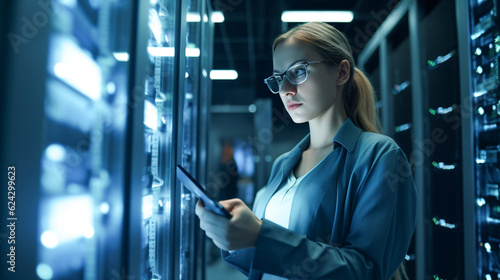 Woman it support engineer working in a dark server room. Computer, cybersecurity and analytics with a female programmer problem solving or troubleshooting. AI Generative