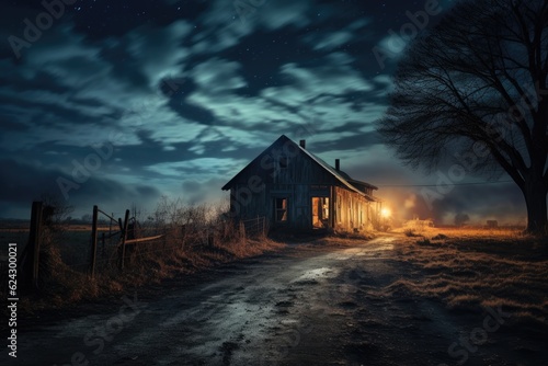 Dark moody night scene with old wooden house with outside light under a dramatic sky