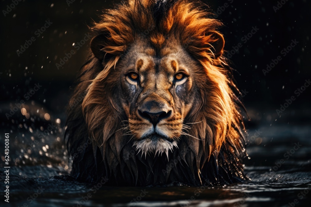 African lion's head, with African marshlands in the background.