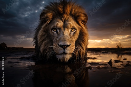 African lion s head  with African marshlands in the background.