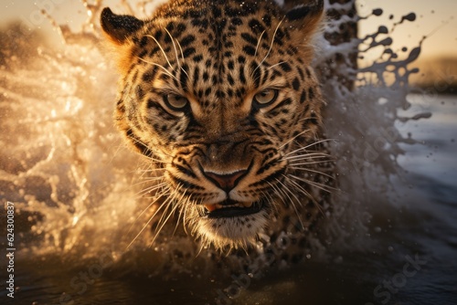 Close up of ferocious looking leopard running through water