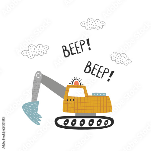vector image of cute excavator and beep text