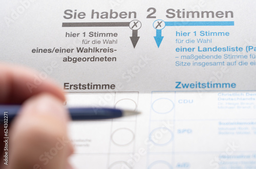 German ballot papers for the political elections in Germany for casting the first vote and the second vote
