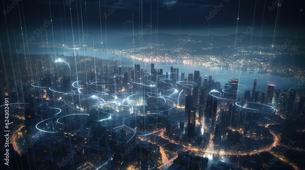 Digital society of future. Modern technological city. AI generated. - obrazy, fototapety, plakaty 