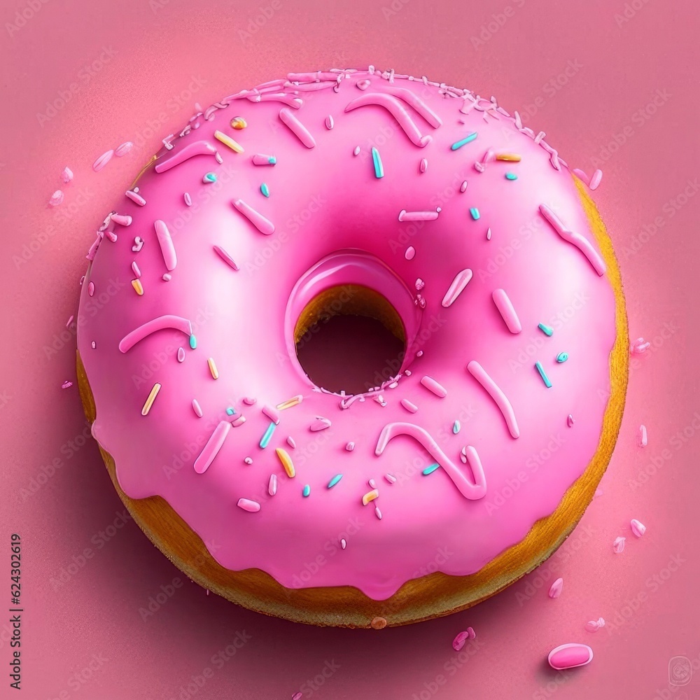 Pink donut with sprinkles. Delicious bakery. Top view. AI generated Pink donut with sprinkles. Delicious bakery. Top view. AI generated