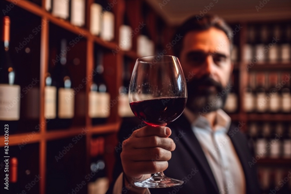A glass of wine in the hand of a sommelier. Generative AI