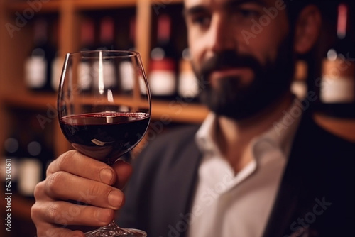 A glass of wine in the hand of a sommelier.  