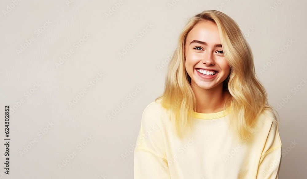 Cheerful female youngster with blonde hair, dressed casually. Cheerful female youngster with blonde hair, dressed casually.