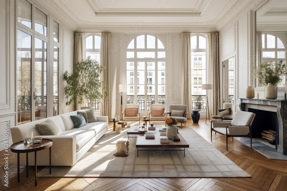 Sophisticated Parisian Style Living Room with High Ceilings. Generative AI - obrazy, fototapety, plakaty 