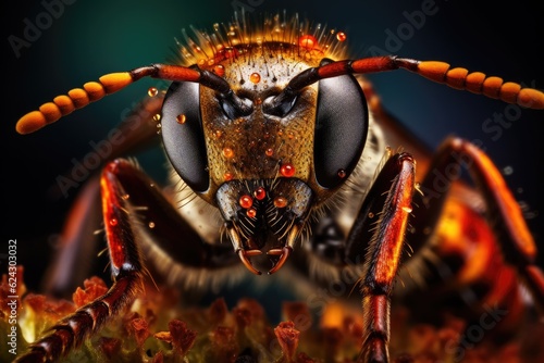 Macro close up of a wasp's head, set against a dark background.