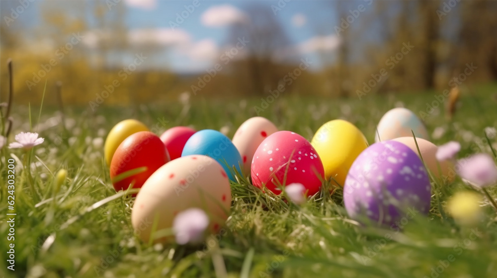 Multicolored Easter eggs lined up in a row on the background of grass. Generative AI Multicolored Easter eggs lined up in a row on the background of grass. Generative AI