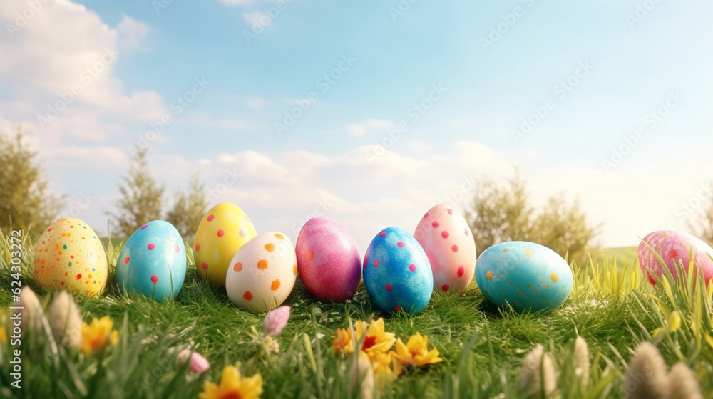 Multicolored Easter eggs lined up in a row on the background of grass. Generative AI