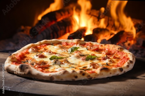 Close-up of Freshly Baked Pizza in Traditional Wood-Fired Oven. Generative AI