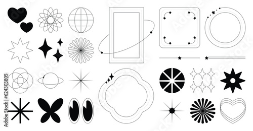 Set of geometric shapes in trendy 90s style. Black trendy design with frame, sparkles, flower, lines, heart, eye. Y2k aesthetic element illustrated for banners, social media, poster design, sticker.