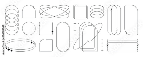 Set of geometric shapes in trendy 90s style. Black trendy design with frame, sparkles, square, circle, star, lines. Y2k aesthetic element illustrated for banners, social media, poster design, sticker.