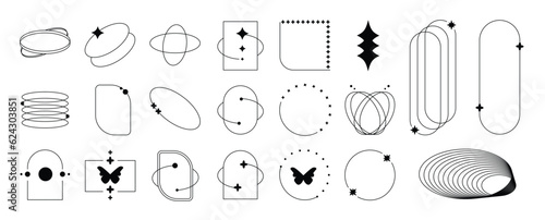 Set of geometric shapes in trendy 90s style. Black trendy design with frame, sparkles, butterfly, flower, lines. Y2k aesthetic element illustrated for banners, social media, poster design, sticker.